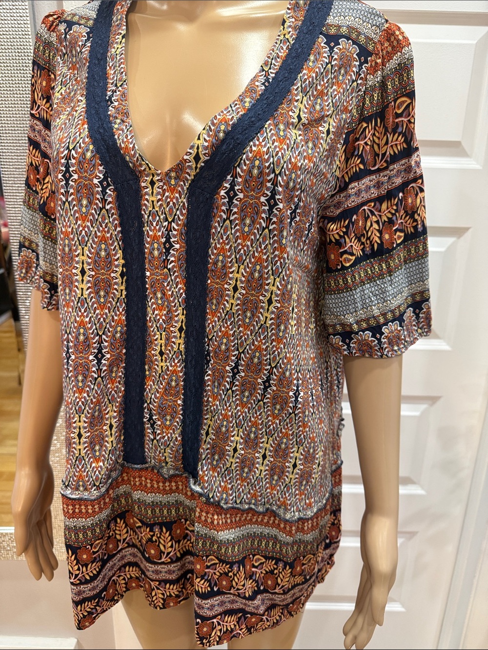Suzanne Betro Navy, Rust & Cream Boho V-Neck Tunic with Lace Trim